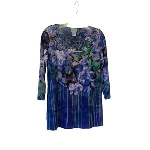 Chicos artsy purple blue rhinestone poly 3/4 sleeve neck cut outs tee to…